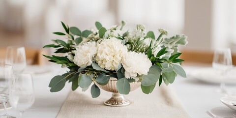 Table with a vase of white flowers and a white tablecloth