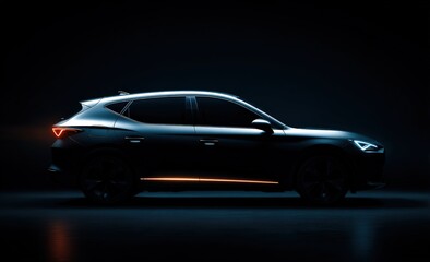 Side profile of a modern car in a dark studio setting