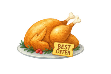 Delicious Roasted Turkey With a Sign Indicating the Best Offer Perfect for Holiday Feasts and Celebrations, Surrounded by Festive Greenery and Berries isolated on white or transparent png