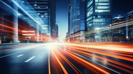 Fototapeta premium Light trails on the modern building background. Light trails at night in urban environment, Abstract Motion Blur City, traffic, transportation, street, road, speed