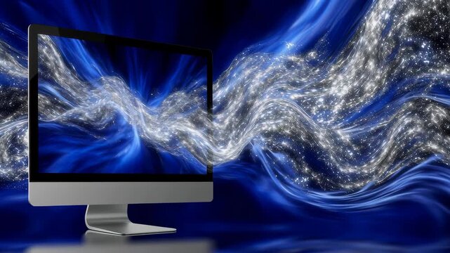 Futuristic Computer Monitor Displaying Abstract Swirl of Shimmering Lights in Shades of Blue