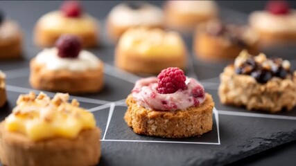 Assorted mini desserts on slate, elegant bite-sized sweets evoke gourmet indulgence, perfect for festive gatherings or upscale events, showcasing culinary artistry