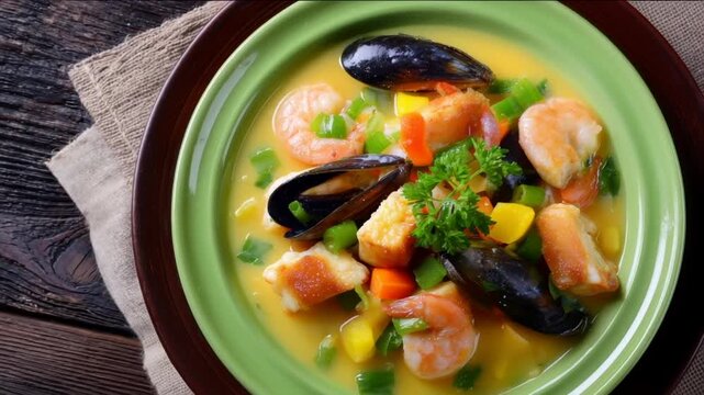Vibrant seafood chowder in a green bowl, rich mix of shrimp and mussels with colorful vegetables, evokes cozy autumn dining with fresh herbs and spices