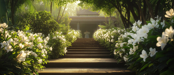 AI generator images of blooming of white flowers, path between the beautiful blooming rhododendrons and camellias in the botanical garden in autumn.