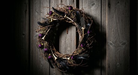 Halloween horror decoration with bone and feather details. Dark spooky diy wreath on rustic wooden door. Scary holiday decor for autumn celebration design.
