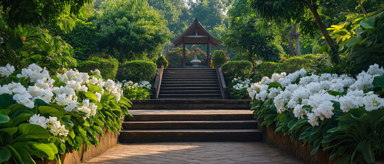 AI generator images of blooming of white flowers, path between the beautiful blooming rhododendrons and camellias in the botanical garden in autumn.