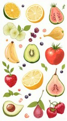 Vibrant Watercolor Medley of Freshly Sliced Fruits, Berries, and Botanicals