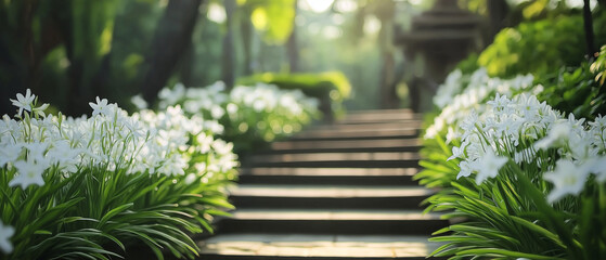 AI generator images of blooming of white flowers, path between the beautiful blooming rhododendrons and camellias in the botanical garden in autumn.