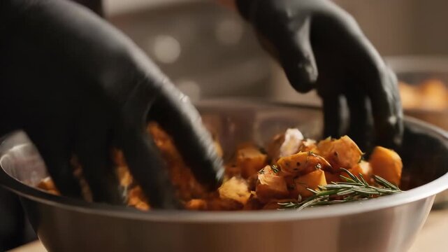 Gloved Hands Mixing Sweet Potatoes With Rosemary in a Stainless Steel Bowl for Dinner Preparation
