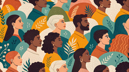 A diverse crowd of people from different backgrounds, ethnicities, and ages standing together in unity, depicted in a stylized illustration.