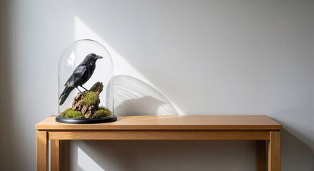 Black crow taxidermy under a glass dome on a wooden table. Modern decorative object for home interior design.