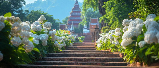 AI generator images of jasmine , Thai jasmine flower ,Old gazebo in the thickets of blooming jasmine and fluffy bloom of white roses. Pathway in garden with beautiful white flowers.