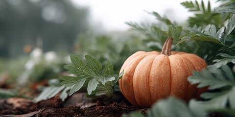 Large orange pumpkin is sitting on the ground next to some green leaves