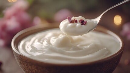 Creamy yogurt is gently lifted on a silver spoon, adorned with delicate rose petals, showcasing a healthy and delicious treat against a soft background.