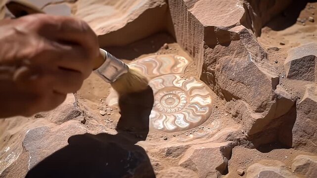 Detailed Close Up of a Paleontologist Carefully Excavating a Beige and Brown Spiral Ammonite Fossil Embedded in Sedimentary Rock During a Desert Dig