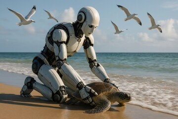 White robot assisting sea turtle on a sunny beach, showcasing artificial intelligence in wildlife conservation