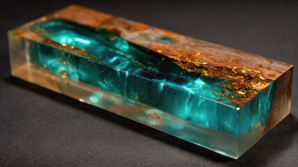 Teal resin block with golden wood grain
