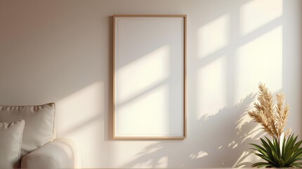 Empty picture frames and potted plants, white sofa in the living room with morning light.