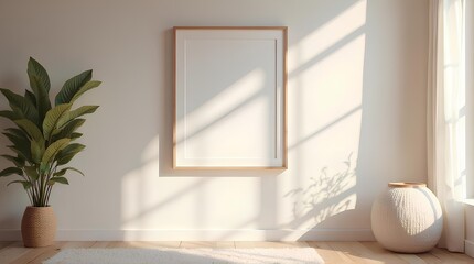Empty picture frames and potted plants with morning light