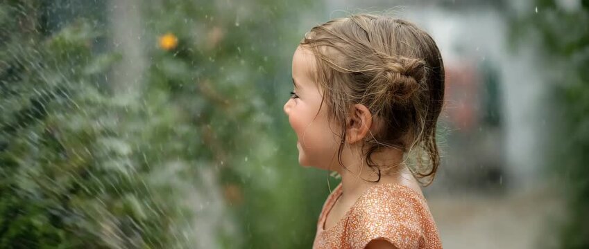 As she uses the water hose to squirt herself, the toddler laughs.