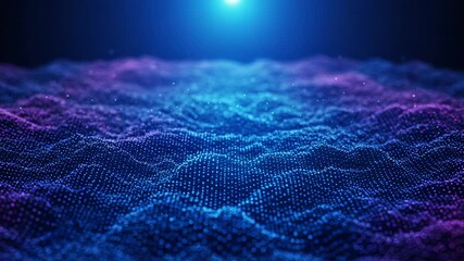 Abstract digital art depicting a flowing wave of blue and purple particles with a bright light source above - Powered by Adobe