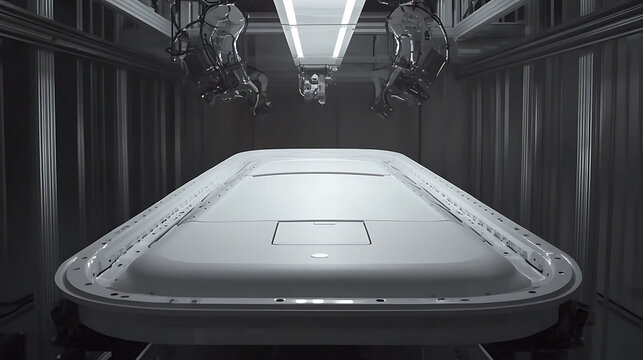 Advanced robotic arms assembling a large, sleek panel in a high-tech facility