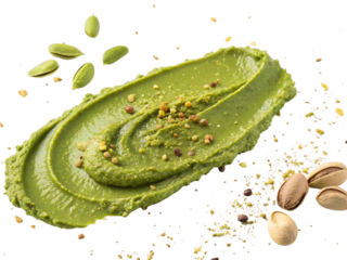 Green Pistachio Paste with Nuts and Powder Isolated on White Background