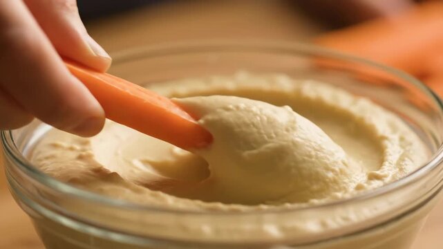 Dipping a Raw Carrot Stick Into Homemade Hummus in a Clear Glass Bowl on a Light Wooden Table During the Daytime
