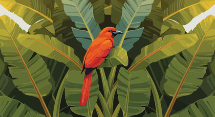 A vibrant, stylized toucan peeks out from behind a large, lush banana leaf. The illustration features clean lines and a serene color palette