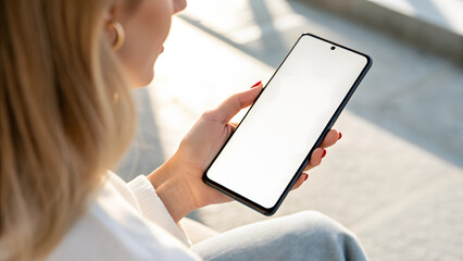 Woman looking at a blank smartphone screen outdoors.