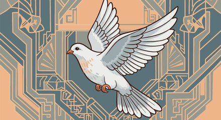 A majestic Streamline Moderne dove in powerful, upward flight, with wings gracefully outstretched against a dramatic, stylized Art Deco urban backdrop