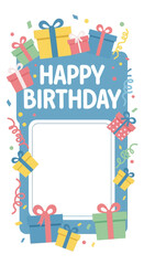 Naklejka premium Illustrated social media story frame for a birthday celebration with colorful presents and confetti decorations