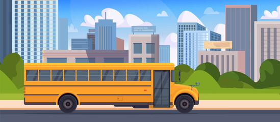  Urban landscape or cityscape with buildings, skyscrapers, and a yellow school bus driving along the road. Education concept. Vector Not AI generated
