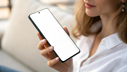 Close-up of a woman holding a smartphone with a blank screen.