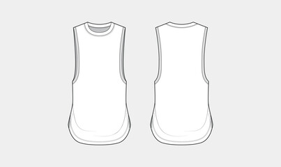 men's gym tanks sketch, muscle tops flat sketch, front and back view, activewear tanks sketch, technical fashion drawing vector illustration