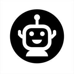 Friendly white robot icon waving inside a black circle