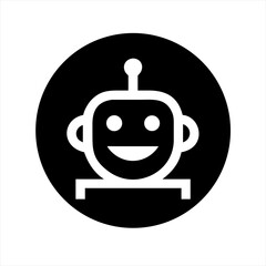 Simple black and white robot head icon with a friendly smile