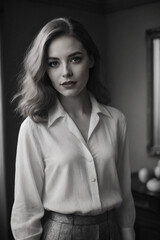 Elegant monochrome portrait of a young woman with a classic hairstyle, wearing a white collared shirt and a textured skirt, looking directly at the camera