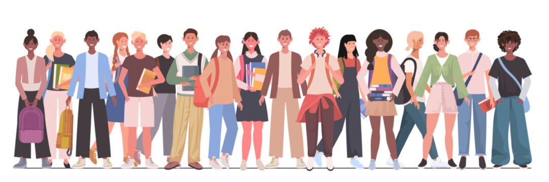Diverse group of schoolchildren. Teenage or preteen boys and girls stand together. The concept of childhood and friendship. Vector Not AI generated