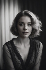 Monochrome portrait of an elegant woman with short, wavy hair, wearing a sheer, lacy top against a striped background