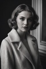 Monochrome portrait of an elegant woman with short, wavy hair and a soft gaze, wearing a light-colored coat with a wide collar