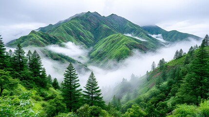 Lush Green Mountain Landscape with Fog and Forest in Daylight