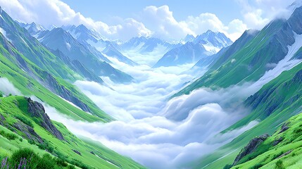 Majestic Mountain Valley Surrounded by Lush Greens and Clouds