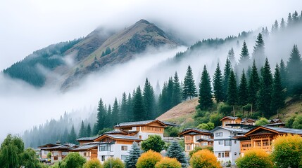 Serene Mountain Village Surrounded by Misty Forest and Hills