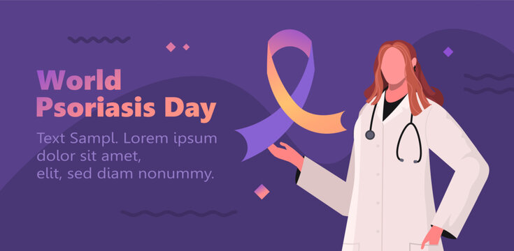 World Psoriasis Day in October 29th. Portrait of female doctor in white medical uniform presenting and holding purple and orange ribbon. Vector Not AI generated - Powered by Adobe