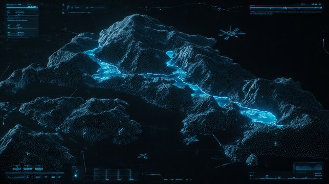 Futuristic holographic user interface with glowing 3D maps in high-tech military command center, sci-fi strategic concept artwork.