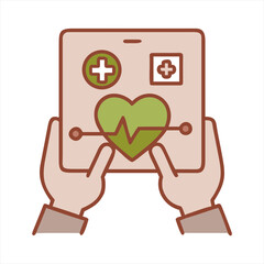 Hands holding tablet displaying health data and medical icons