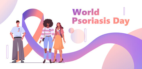  World Psoriasis Day. Near a purple, orange ribbon is a group of people in casual clothes with skin diseases. Vector illustration. Not AI generated