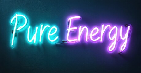 Neon sign displays Pure Energy script. Vibrant blue, purple hues illuminate dark background. Modern aesthetic, simple design.