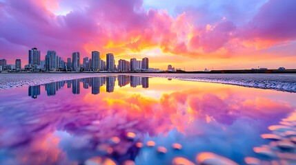 Stunning Sunset Reflection Over City Skyline with Colorful Clouds